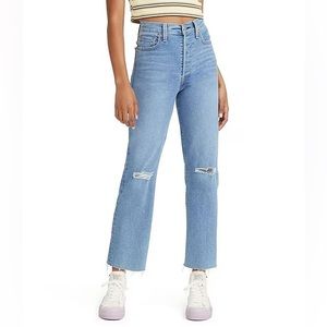 Levi's Ribcage High Rise Destructed Detail Straight Ankle Jeans